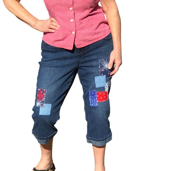 Upcycled Patchwork Jean Capris: Patriotic Theme Cropped Pants 4th of July, 12P - Picture 12 of 12